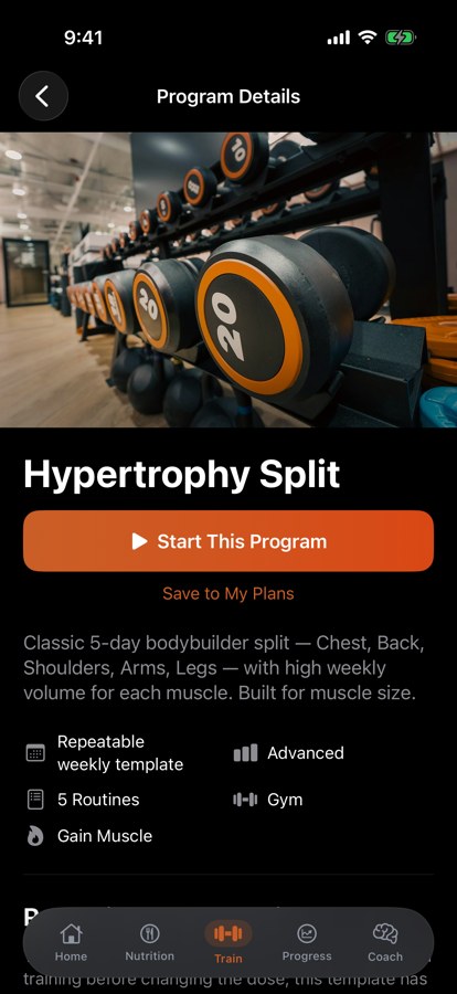 Hypertrophy Split program with a Start This Program button